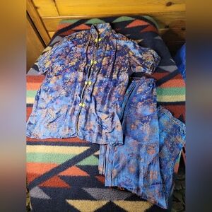 Vtg Plum Blossoms Silk Shirt & Pants Womens XL Chinese Embroidered Blue Sleep